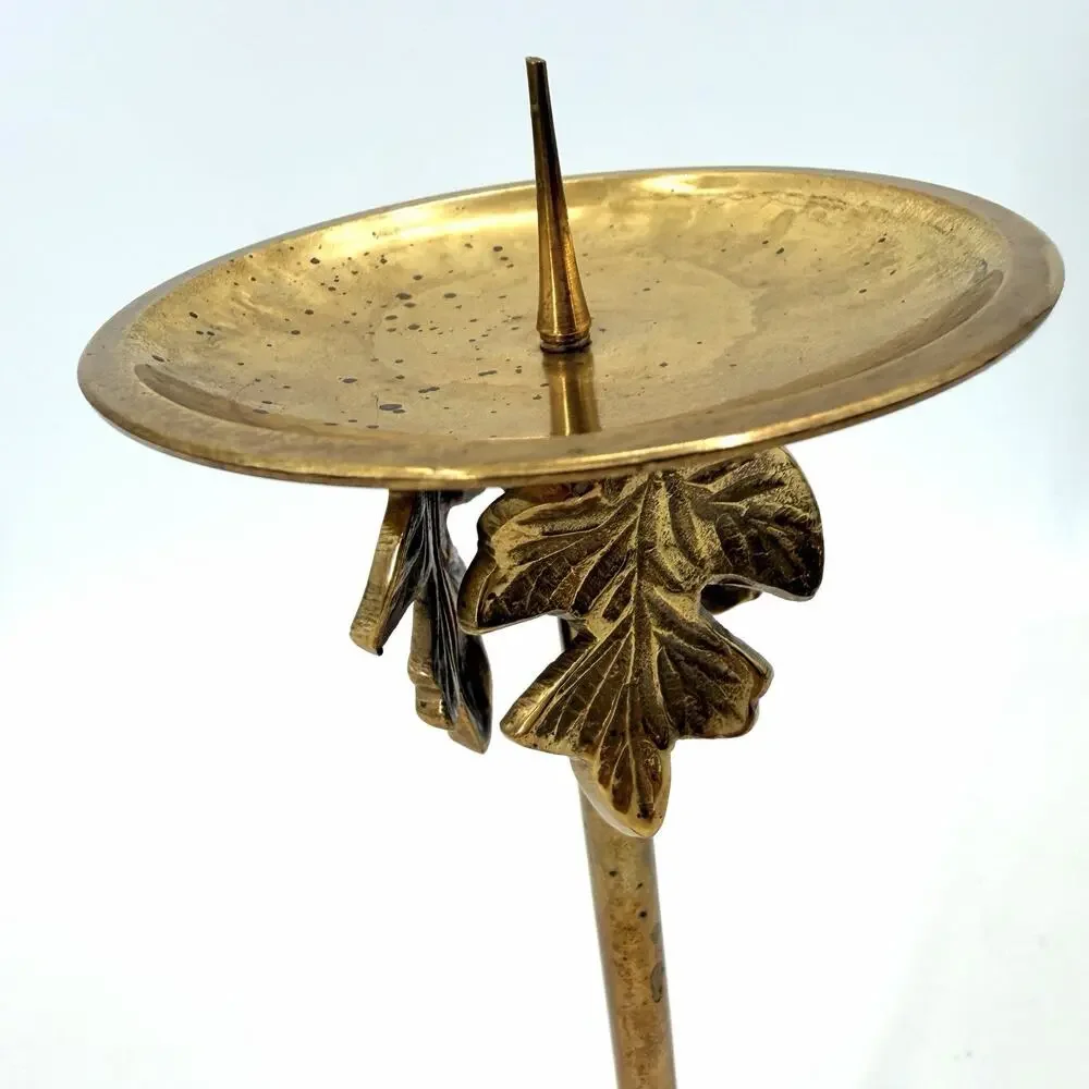 Vintage Tall Brass Pillar Candle Holder Leaf Design with Character
